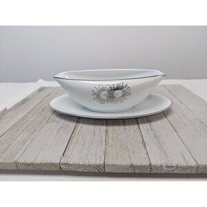 Vintage Kutani Serving Gravy Boat with Underplate White Silver Gray Bursts Japan